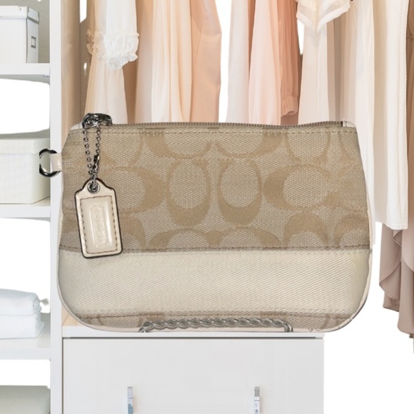 Coach Signature Stripe Small Pouch Light Khaki/White - Picture 1 of 9